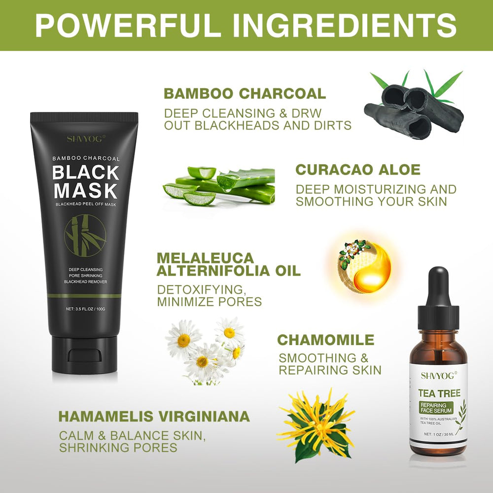SHVYOG tea-tree-serum-bottle boosts calming repair after charcoal mask for balanced skin.