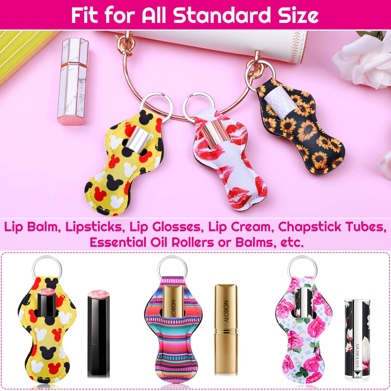 Shynek chapstick holder keychain 40-pattern variety supports outfits and personal style.