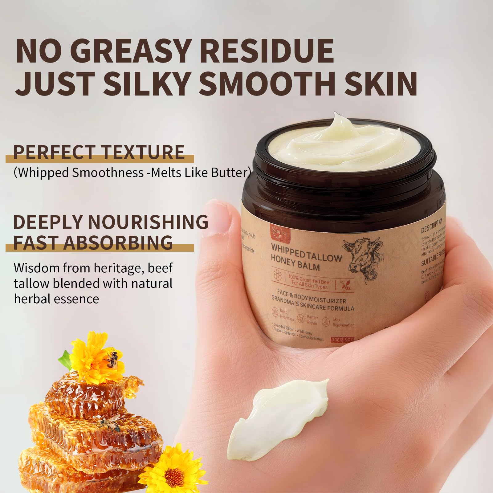 SIBITBIT Beef Tallow Honey Balm applying on face and body for daily moisture