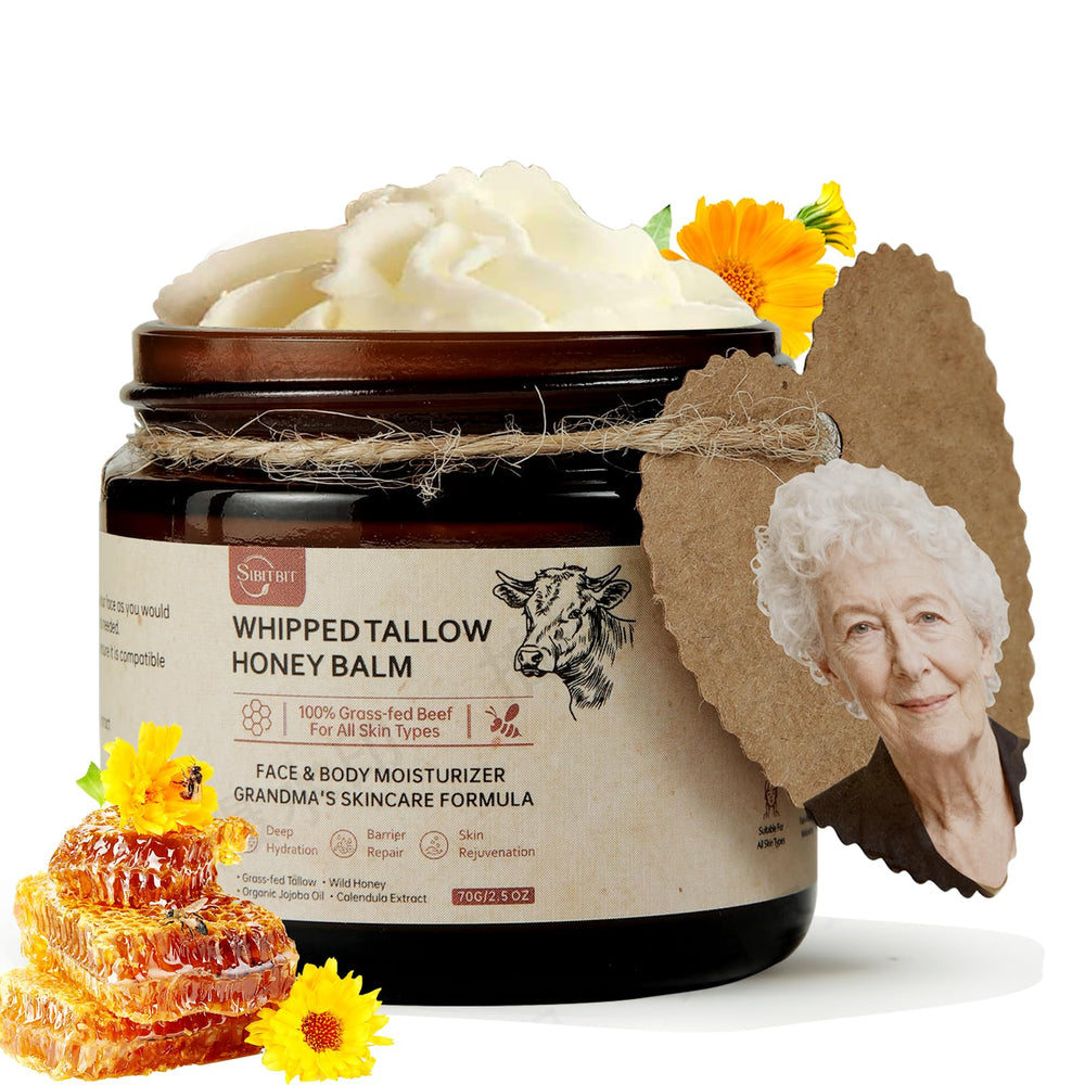 SIBITBIT Beef Tallow Honey Balm jar closeup showing rich nourishment for dry skin