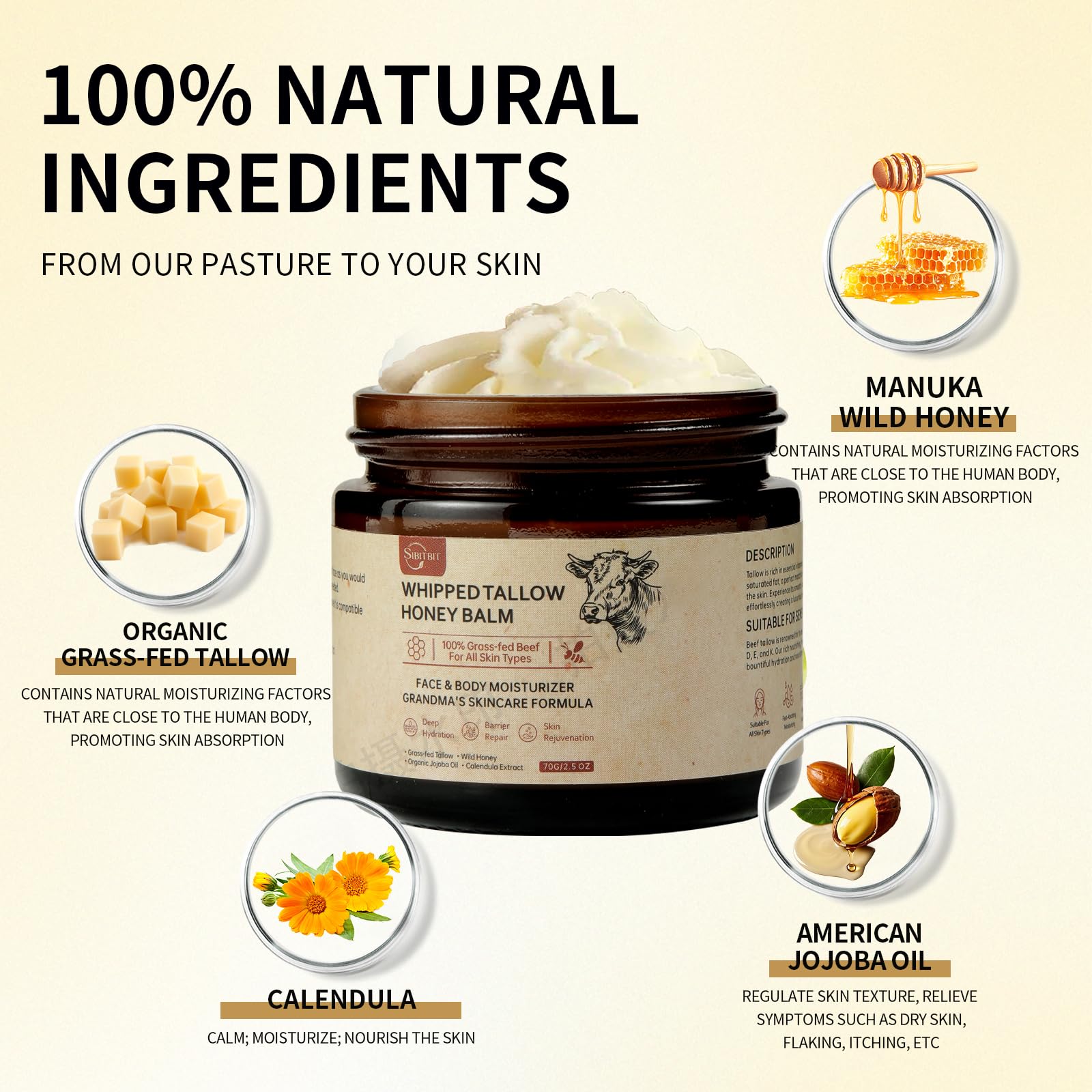 SIBITBIT Beef Tallow Honey Balm whipped texture close-up for creamy hydration