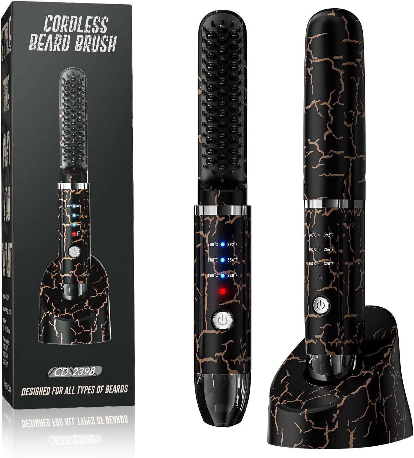 SICOLTT beard straightener on cordless charging base for convenient, cord-free styling.