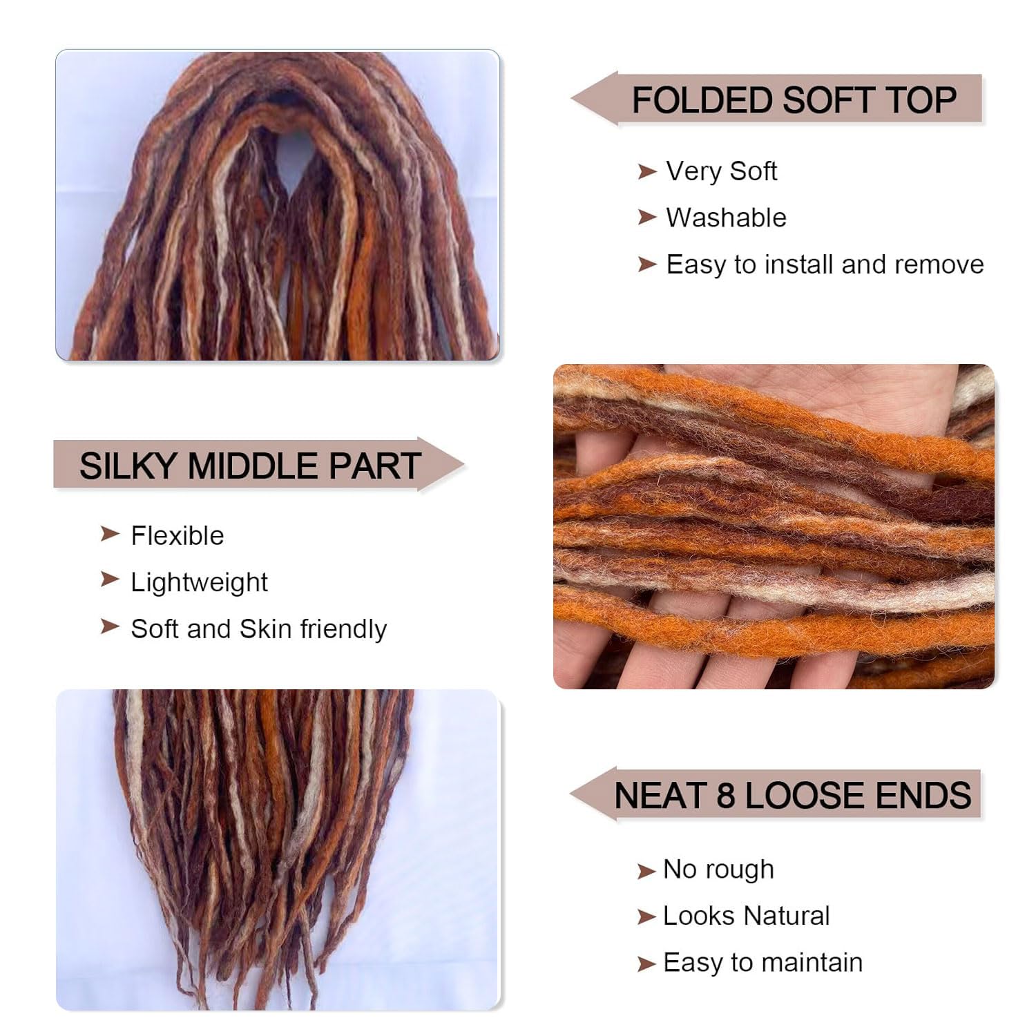 Siddiuop 15 strands mixed brown close-up highlights soft wool for comfortable wear.