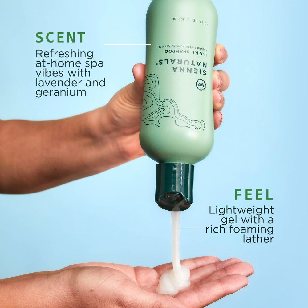 Sienna Naturals HAPI Shampoo creamy lather close-up smooths scalp