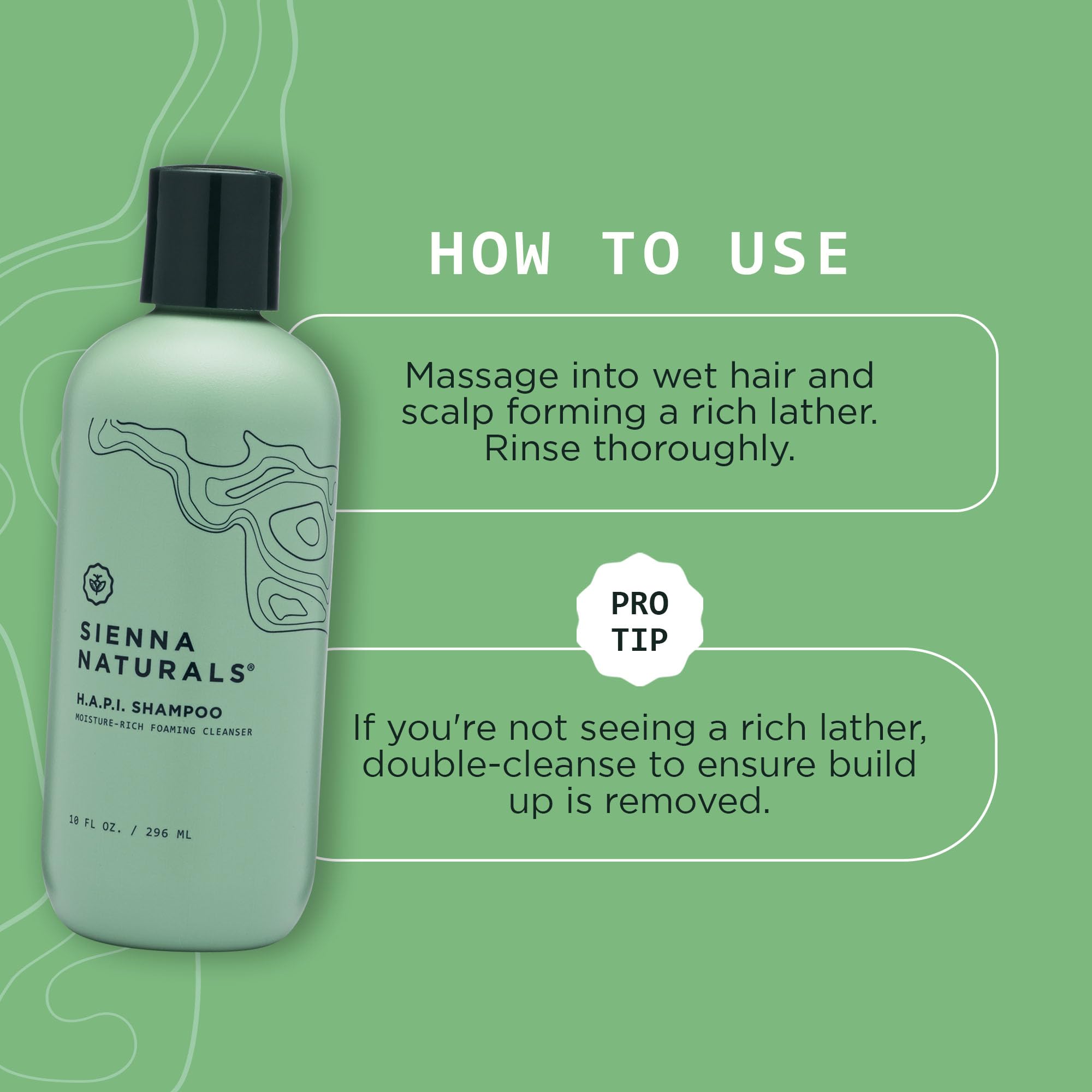 Sienna Naturals HAPI Shampoo pours into palm for gentle cleansing