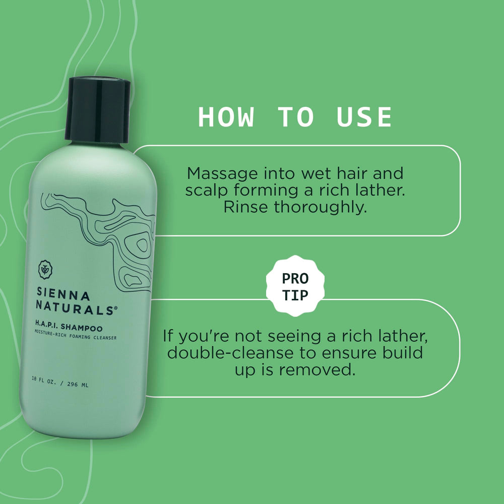 Sienna Naturals HAPI Shampoo pours into palm for gentle cleansing