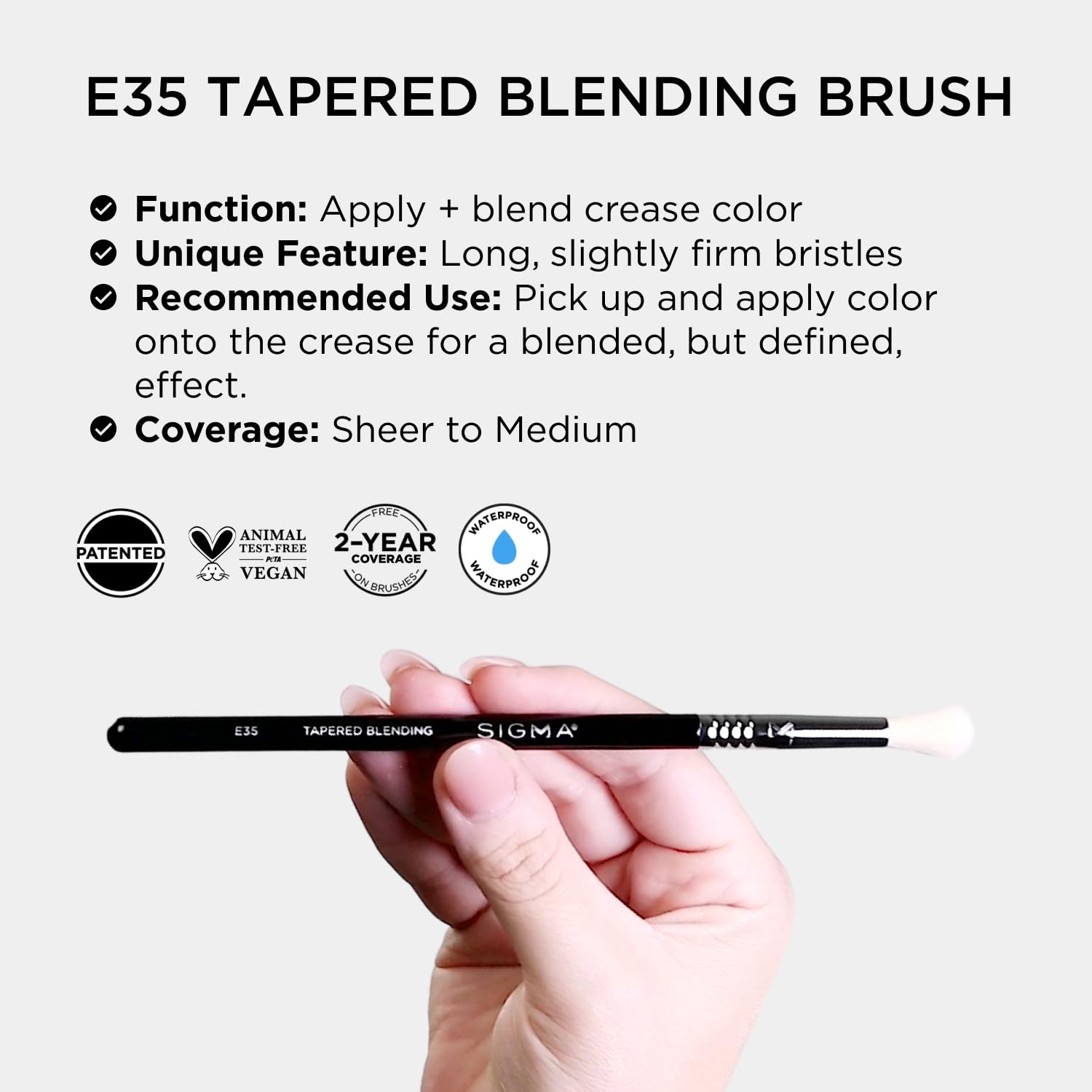 Sigma Beauty E35 close-up of vegan hypoallergenic fibers for safe application.