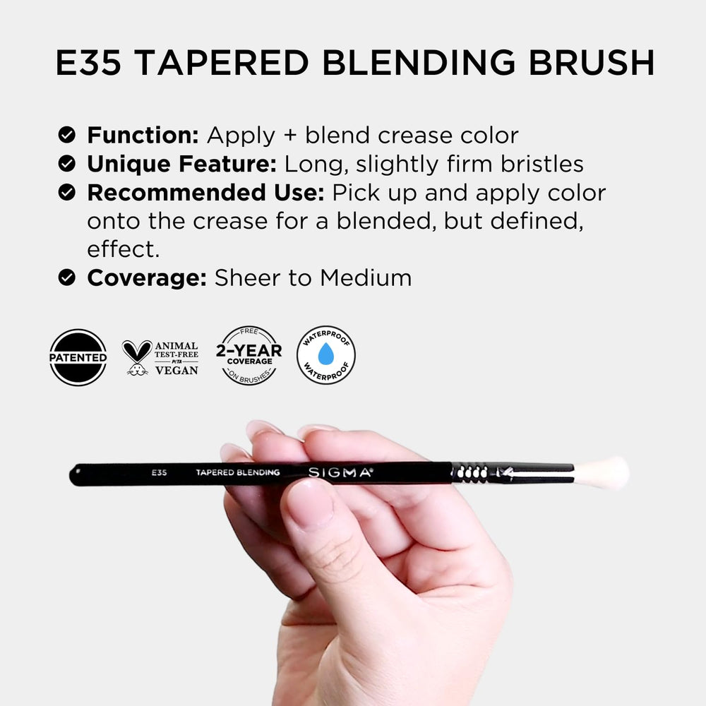 Sigma Beauty E35 close-up of vegan hypoallergenic fibers for safe application.