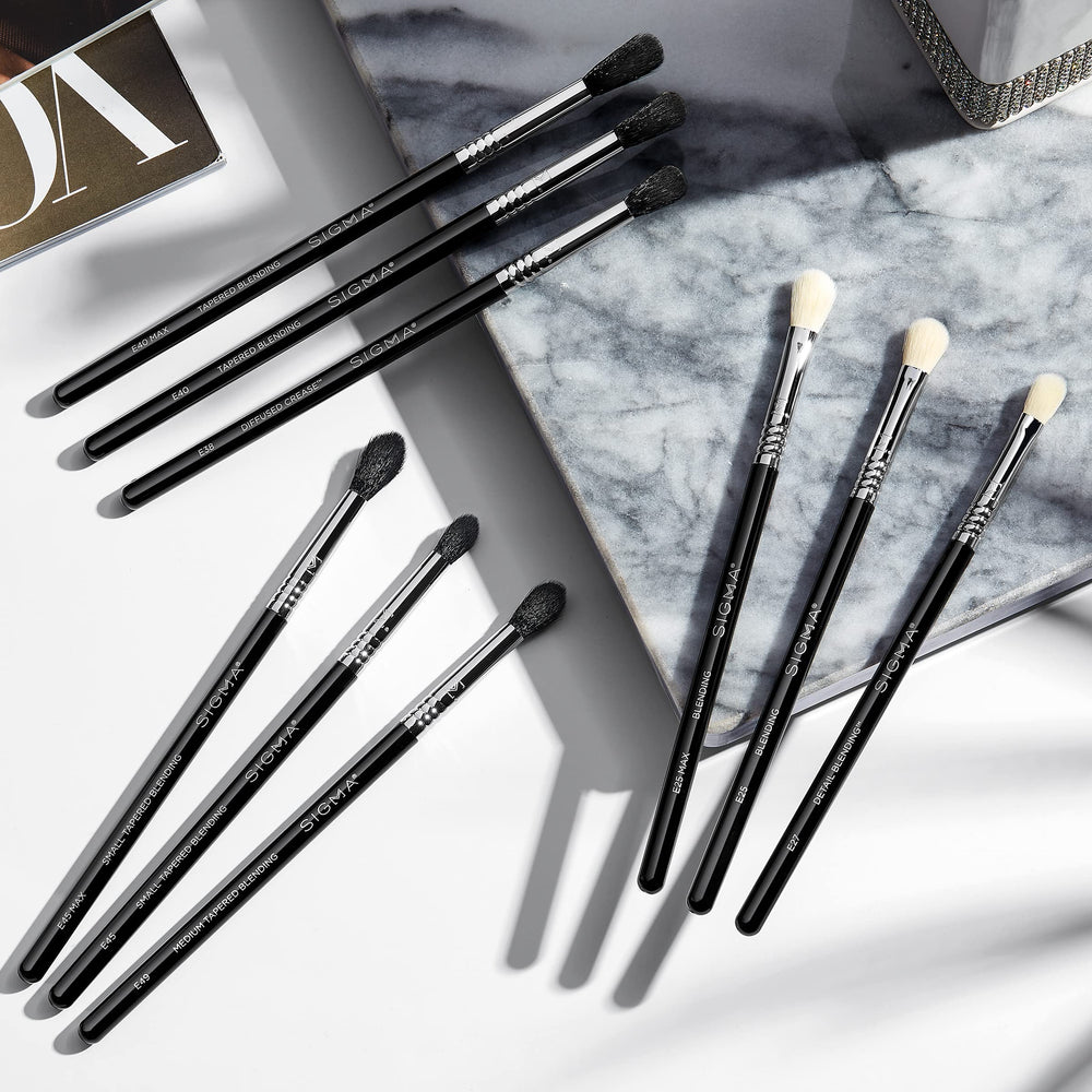 Sigma Beauty E45 brush designed for hooded eyes with precise blending on the outer corner.