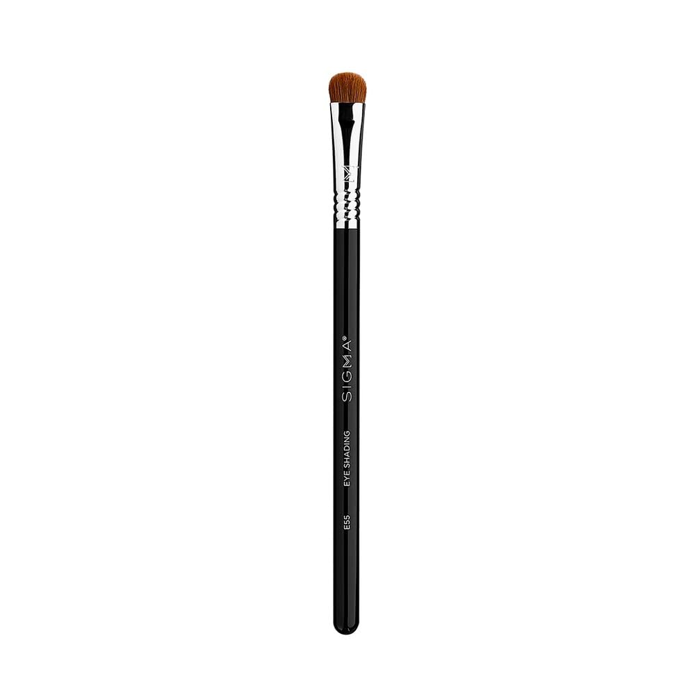 Sigma Beauty E55 eye shading brush close-up reveals precise SigmaTech fibers for blending.