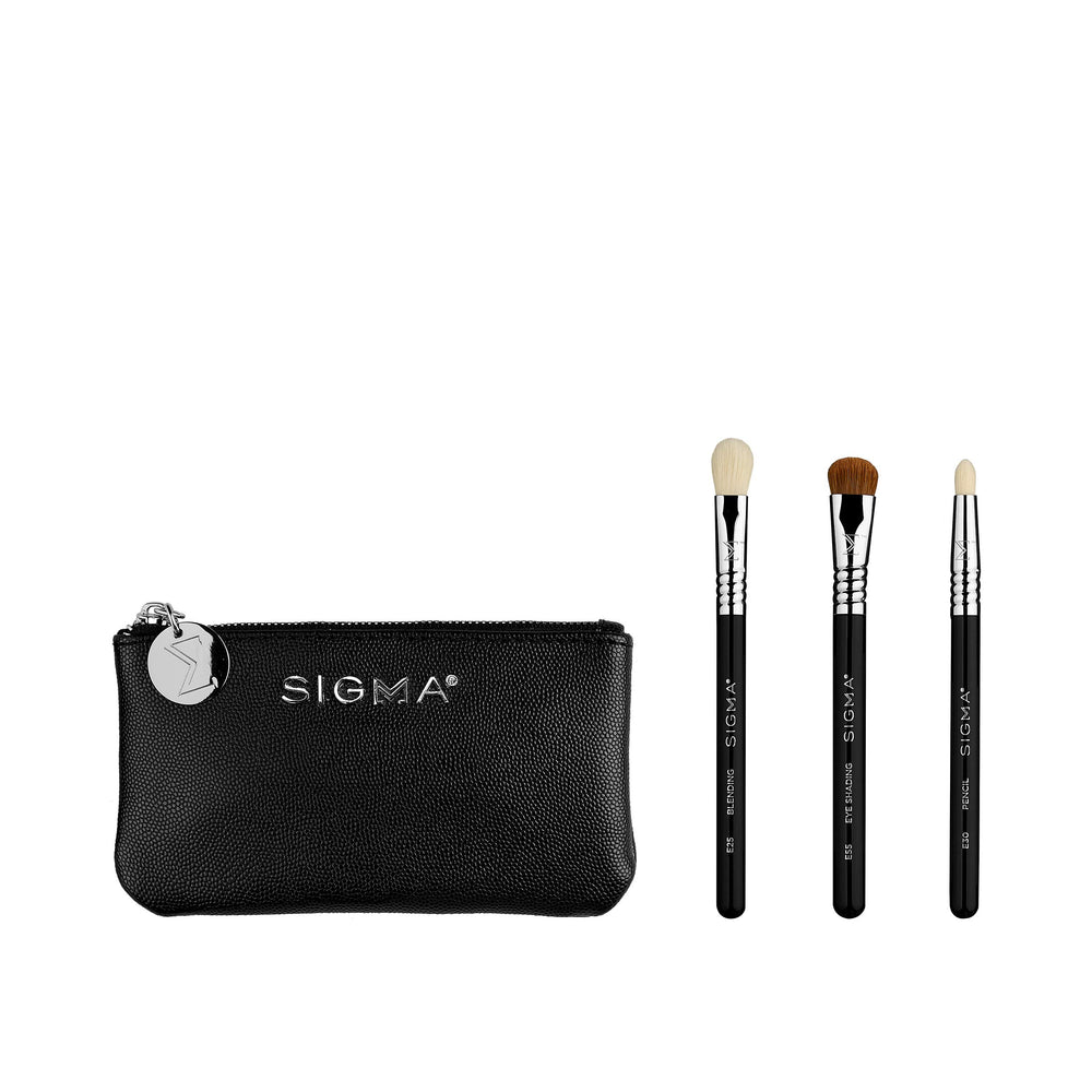 Sigma Beauty Glam ’N Glow mini eye brush set with travel pouch for on-the-go precision.