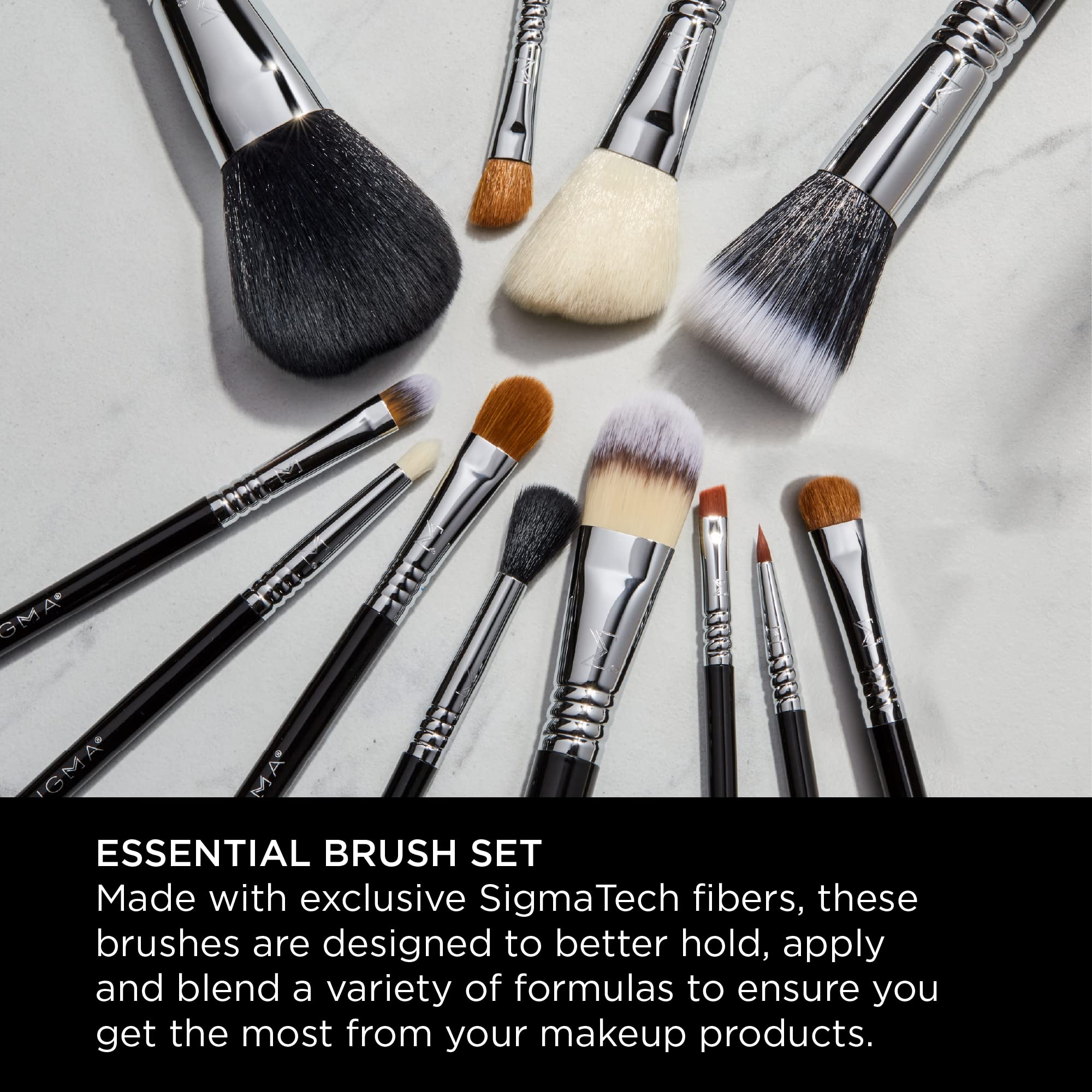 Sigma Beauty brush set on display emphasizing stylish, durable handles and lasting shine.