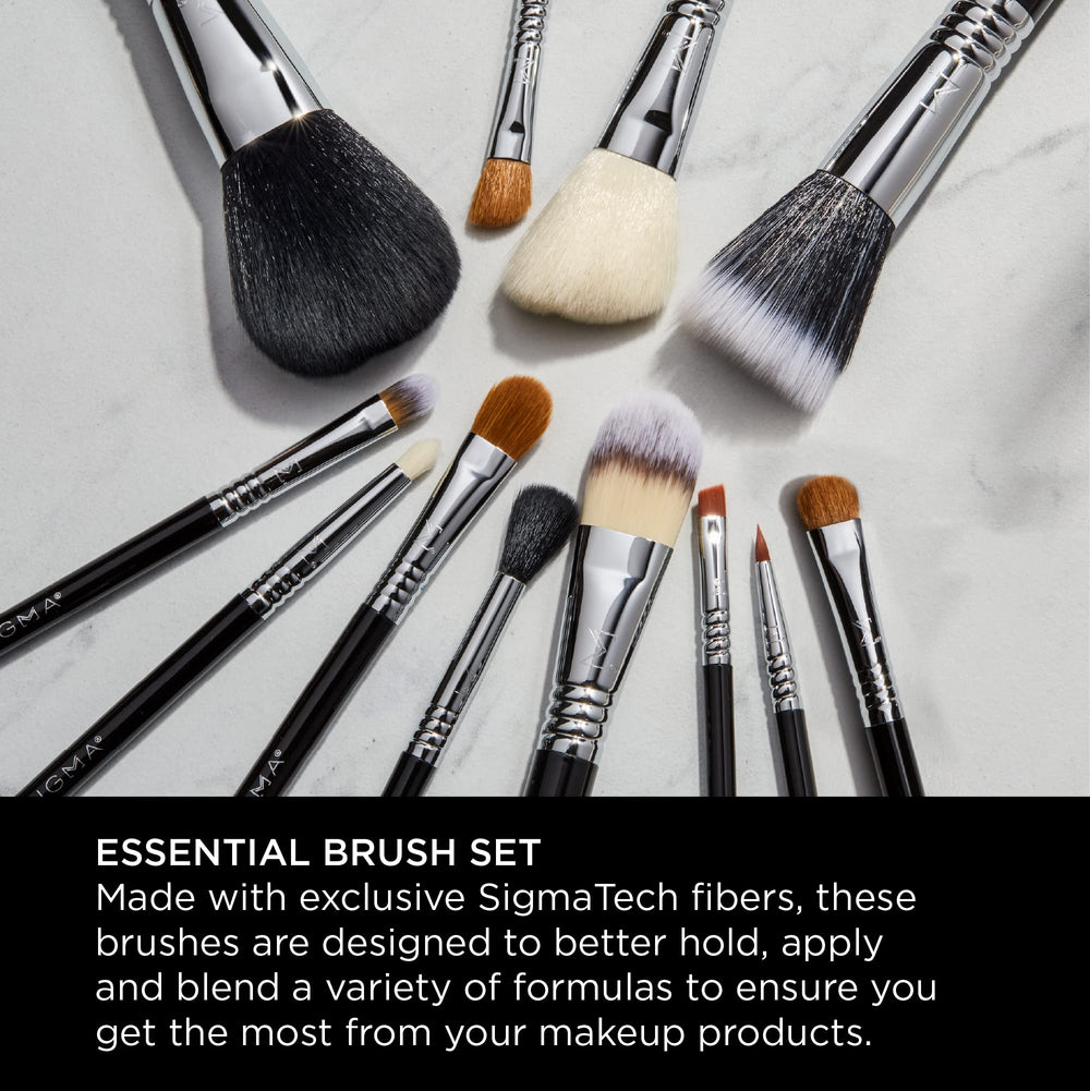 Sigma Beauty brush set on display emphasizing stylish, durable handles and lasting shine.