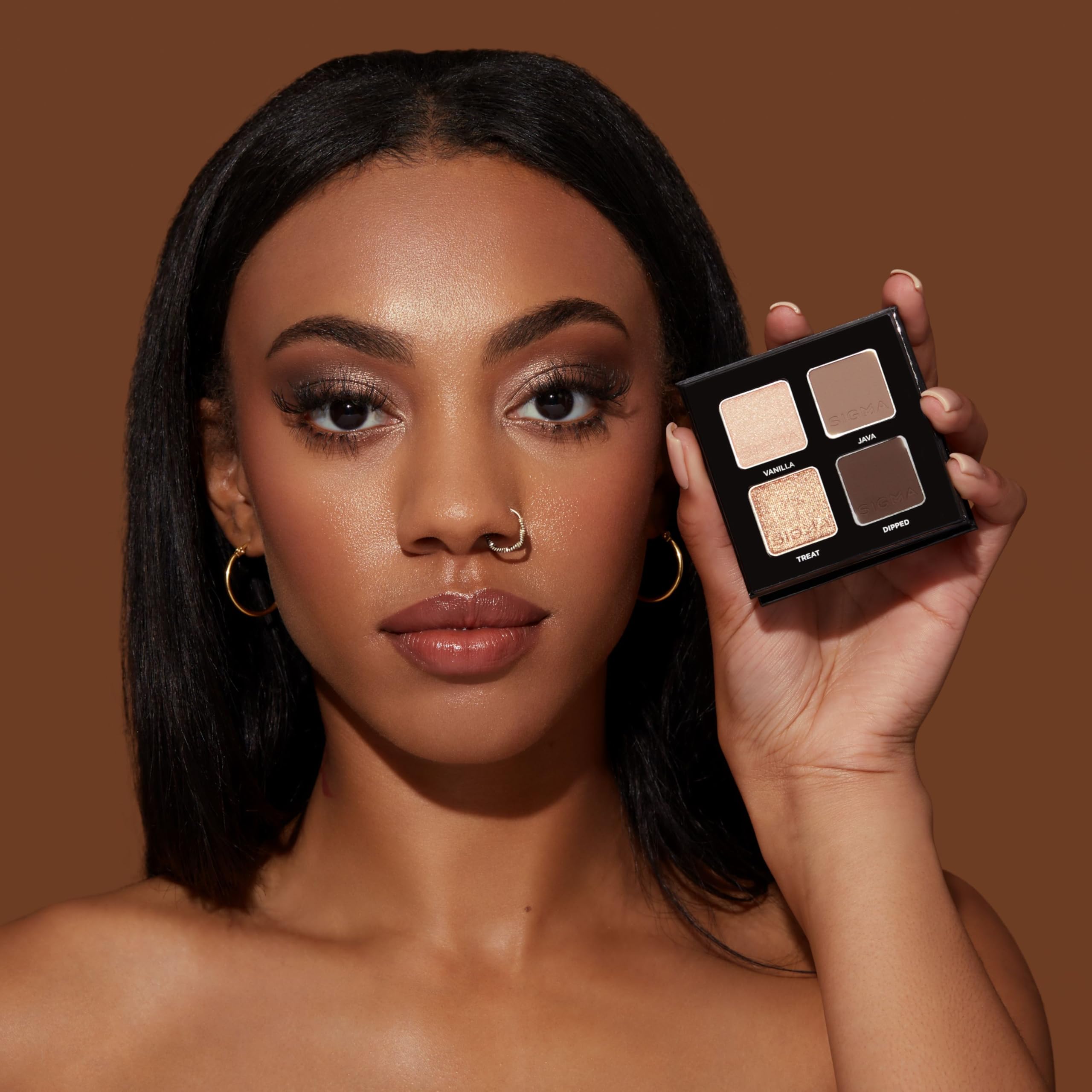 Sigma Beauty Quad Eyeshadow Tiramisu swatches show matte and shimmer shades.