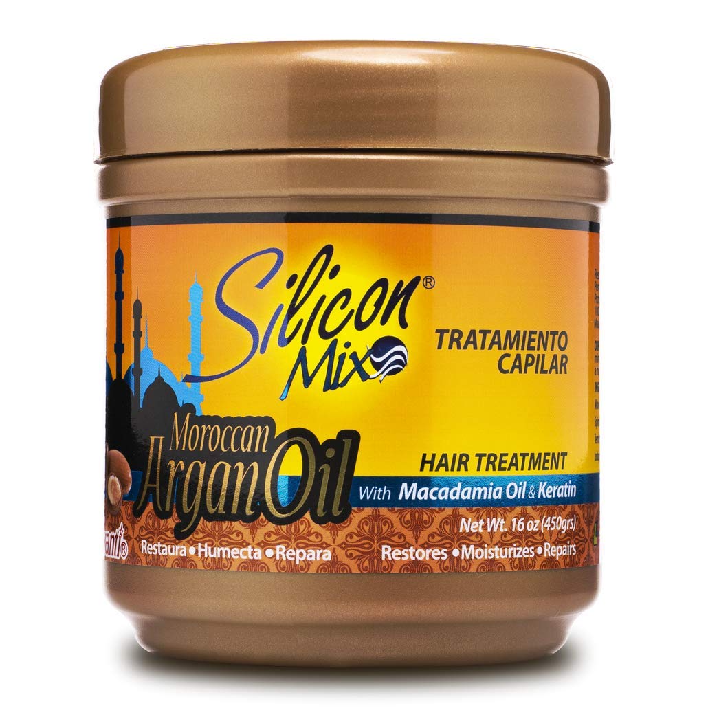 Silicon Mix Argan Oil Treatment bottle image highlighting shine and detangling for all hair types.