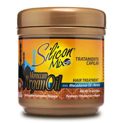 Silicon Mix Argan Oil Treatment bottle image highlighting shine and detangling for all hair types.