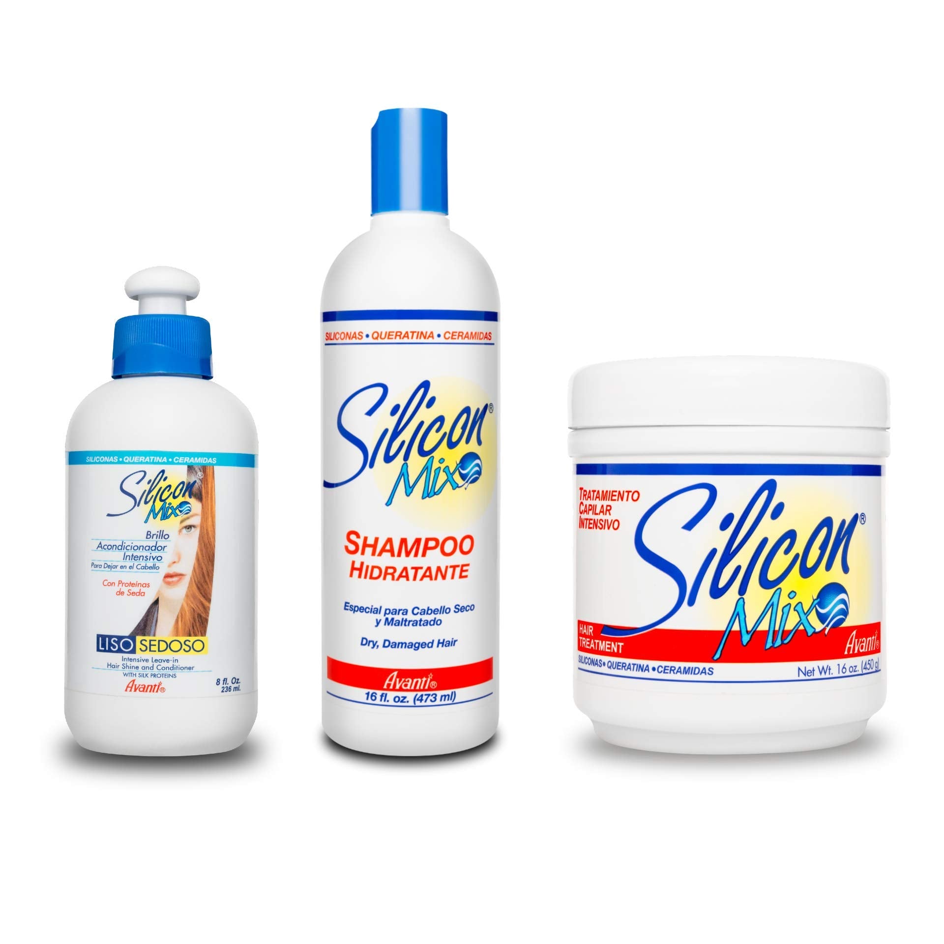 Silicon Mix combination set package with hair treatment, leave-in, and shampoo for damaged, dry hair care.
