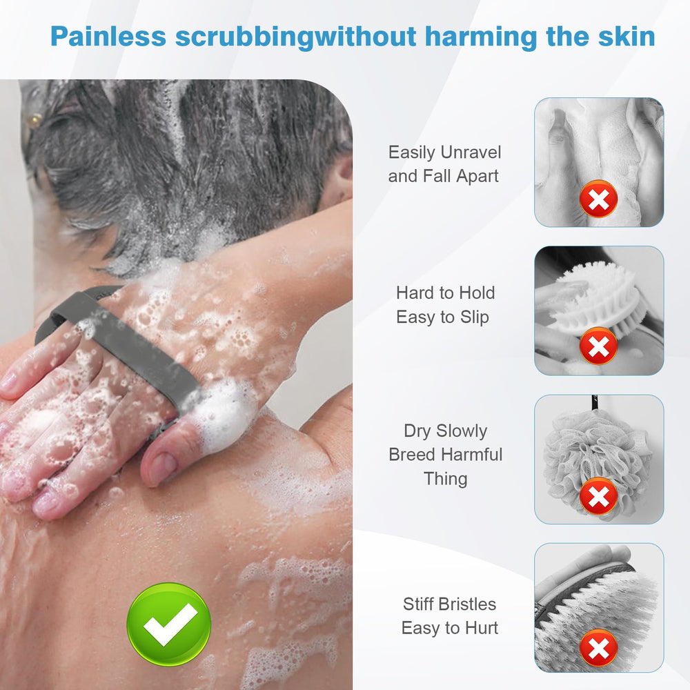 Silicone body scrubber anti-slip-handles image demonstrates secure grip in wet conditions.