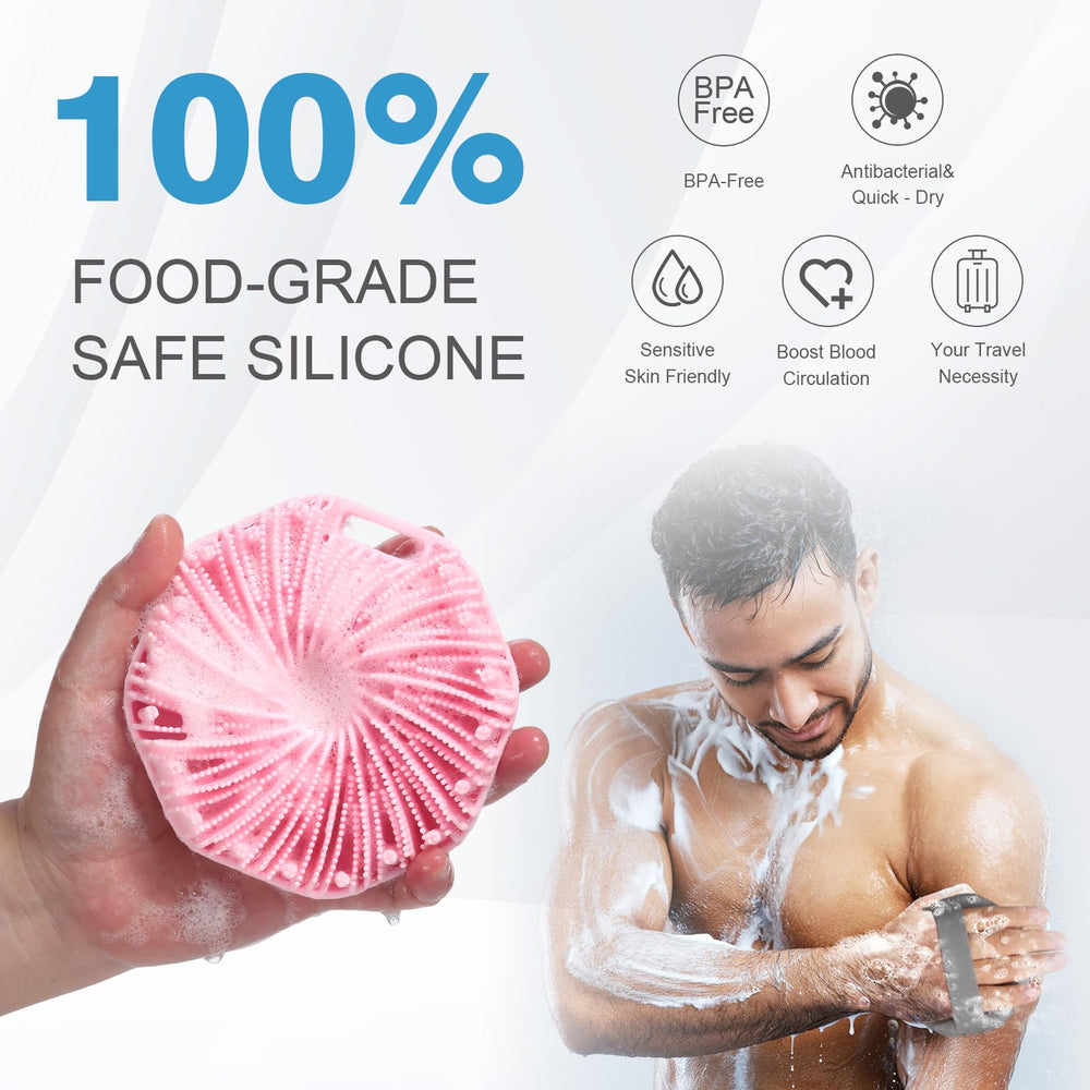 Silicone body scrubber closeup highlights gentle scrub fins for soft exfoliation.