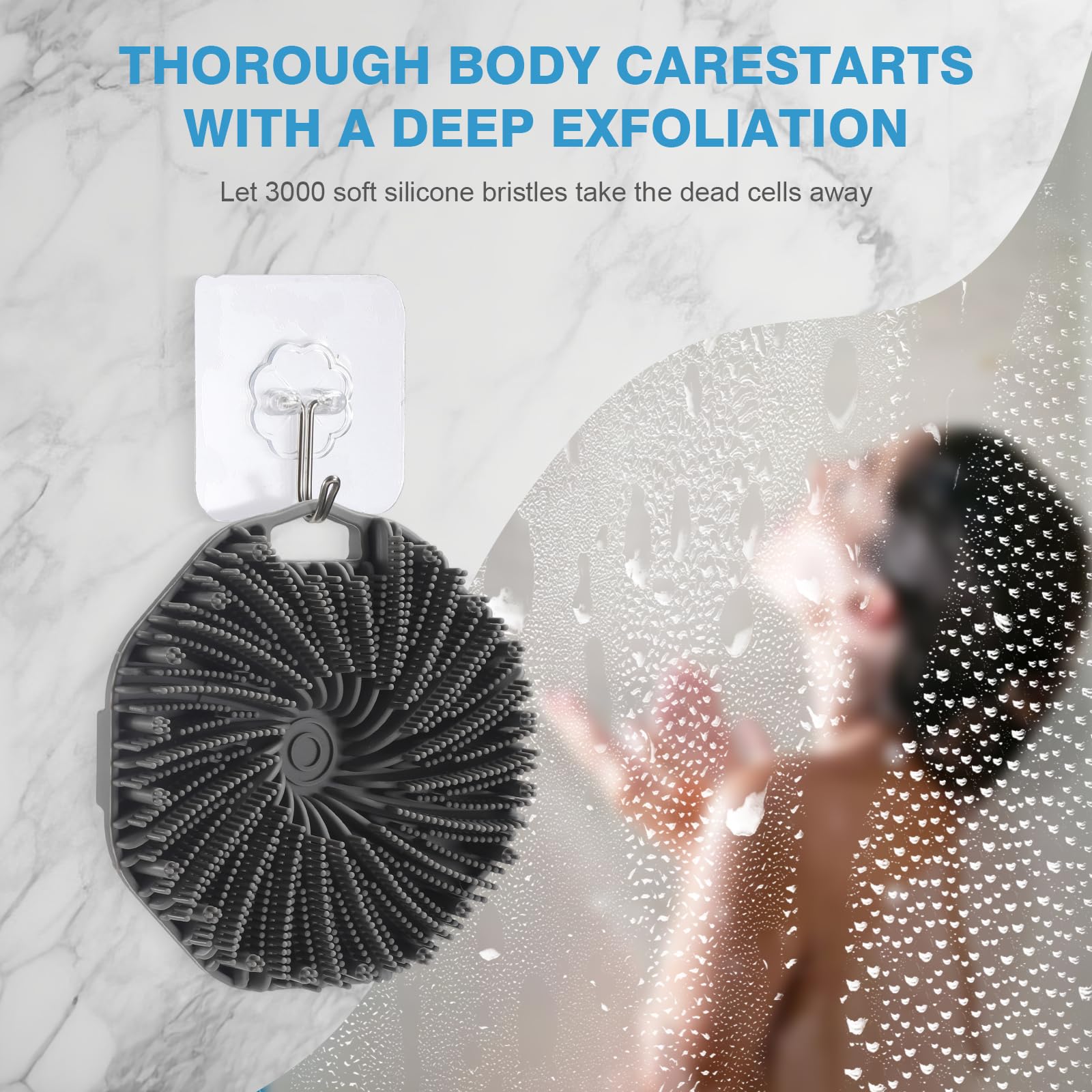 Silicone body scrubber shower-use demonstrates use in shower for refreshing cleanse.