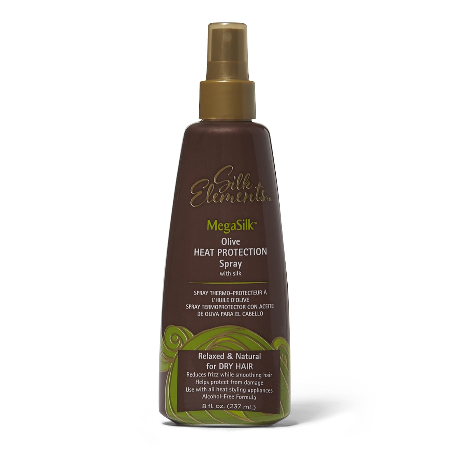 Silk Elements Megasilk Olive Heat Protection Spray bottle showing smoothing and frizz reduction for silky hair.