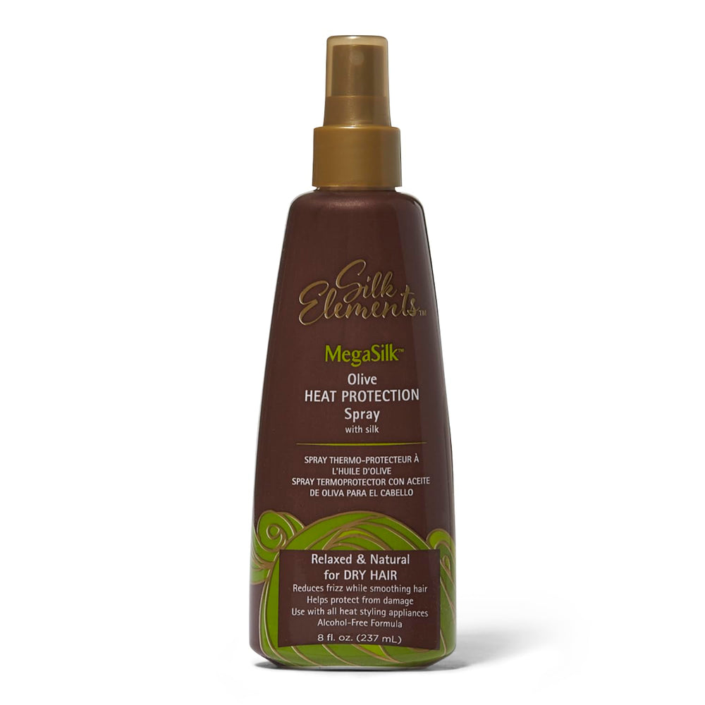 Silk Elements Megasilk Olive Heat Protection Spray bottle showing smoothing and frizz reduction for silky hair.