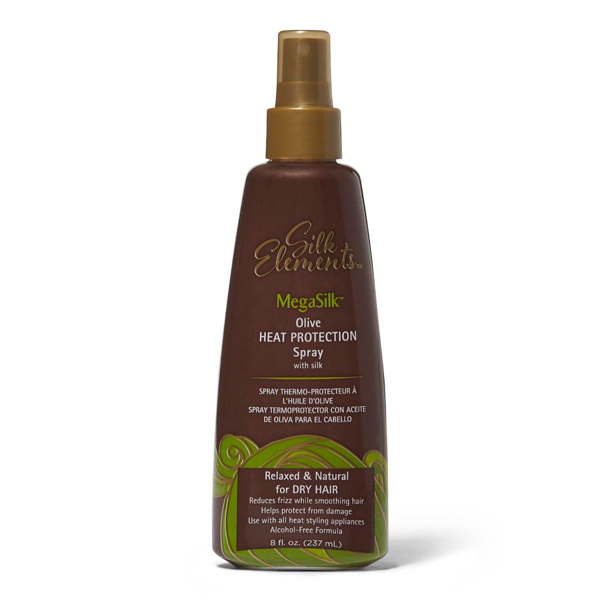 Silk Elements Megasilk Olive Heat Protection Spray bottle showing smoothing and frizz reduction for silky hair.