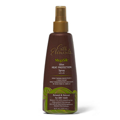 Silk Elements Megasilk Olive Heat Protection Spray bottle showing smoothing and frizz reduction for silky hair.