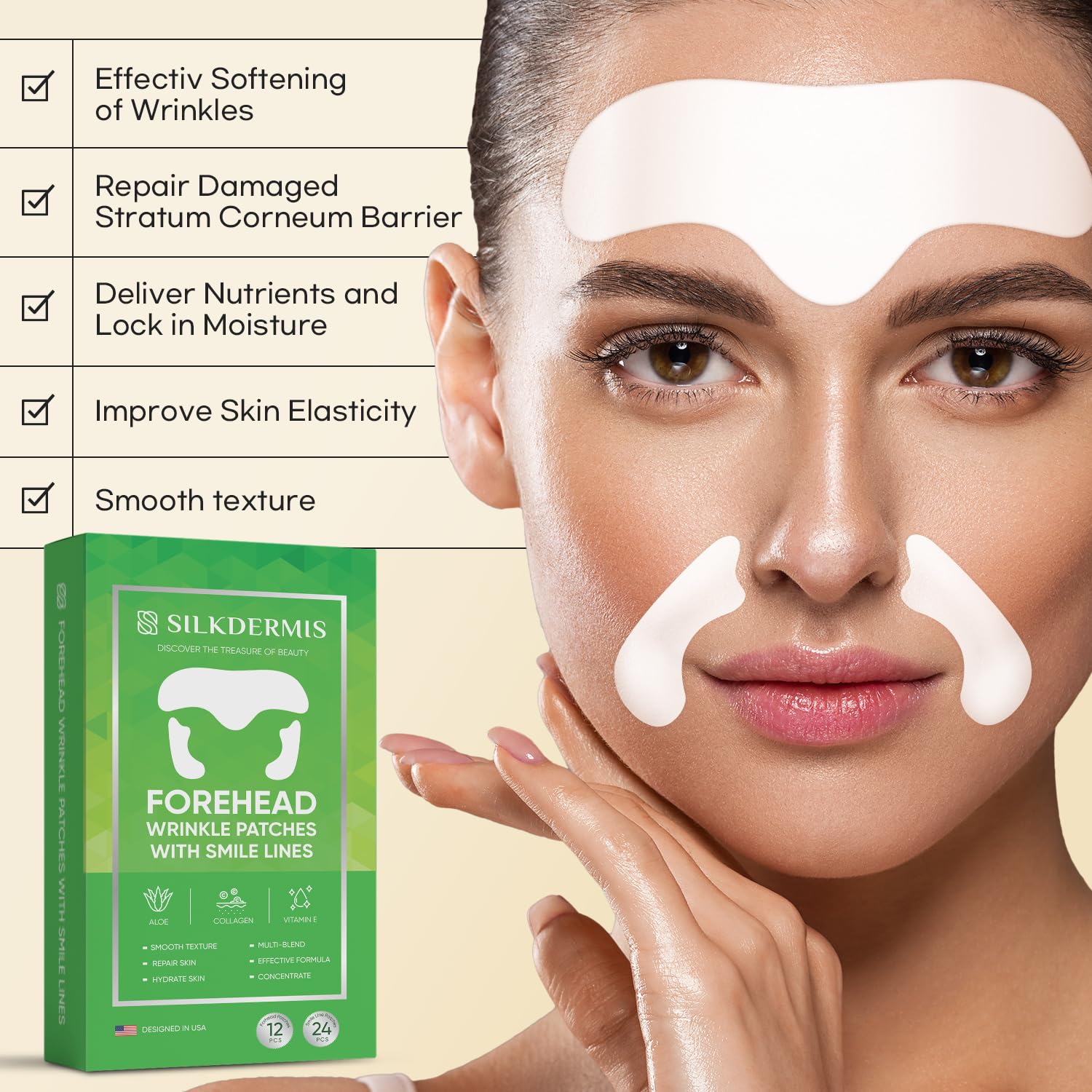 SILKDERMIS aloe-collagen-vitamin-e-infused patch close-up illustrating spa-like treatment feel.