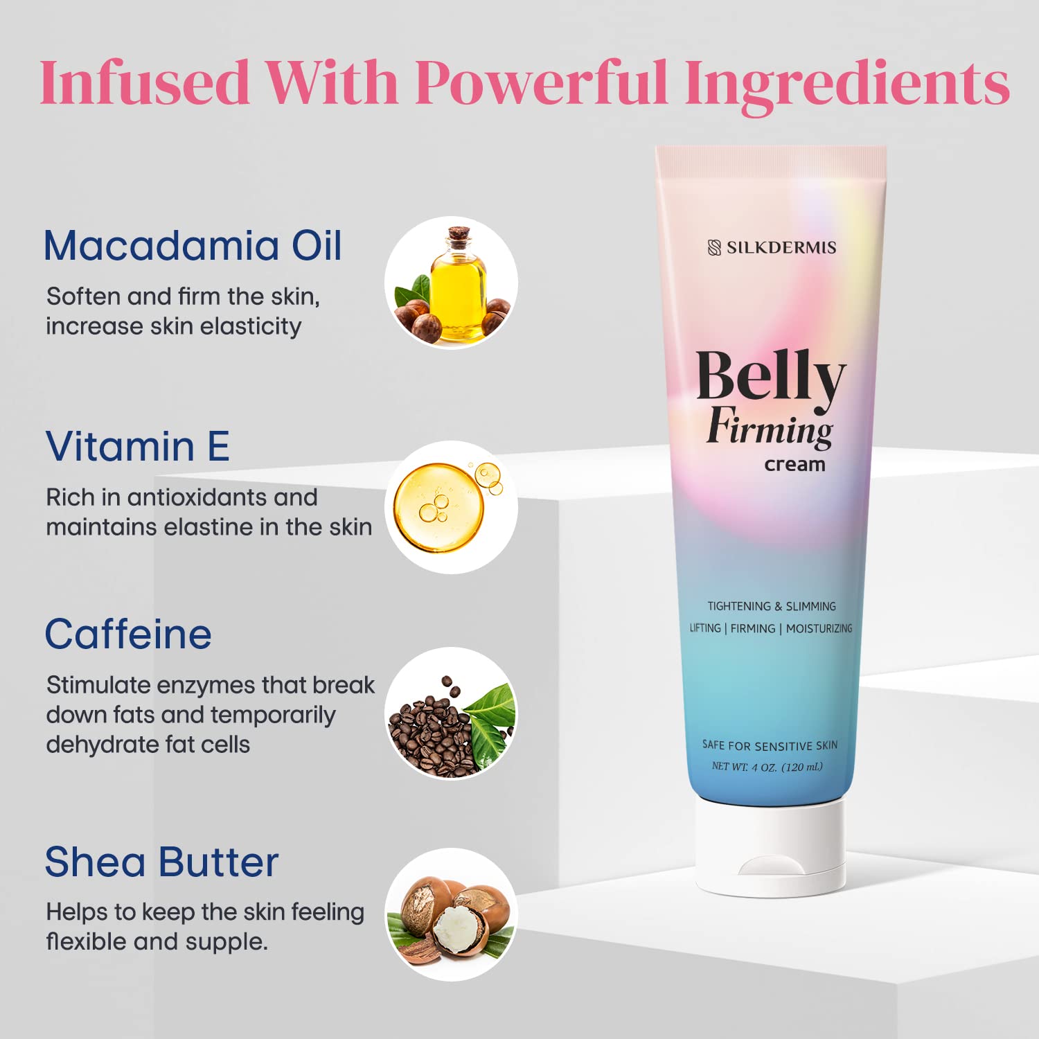 SILKDERMIS belly-firming cream texture closeup shows rich, nourishing consistency