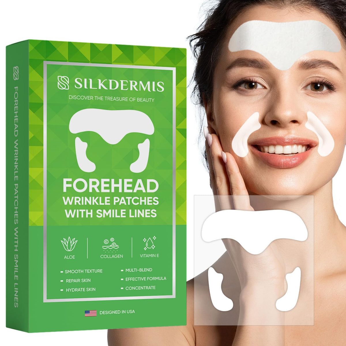 SILKDERMIS forehead patches close-up suggesting hydration and smoother-looking skin.