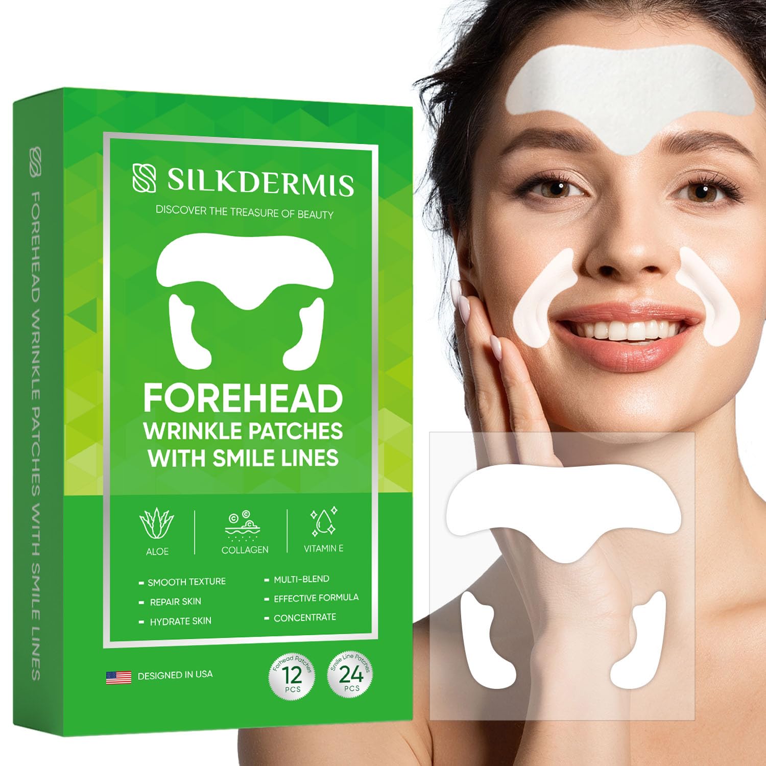 SILKDERMIS forehead patches pack shown for at-home wrinkle care and potential smoother look overnight.