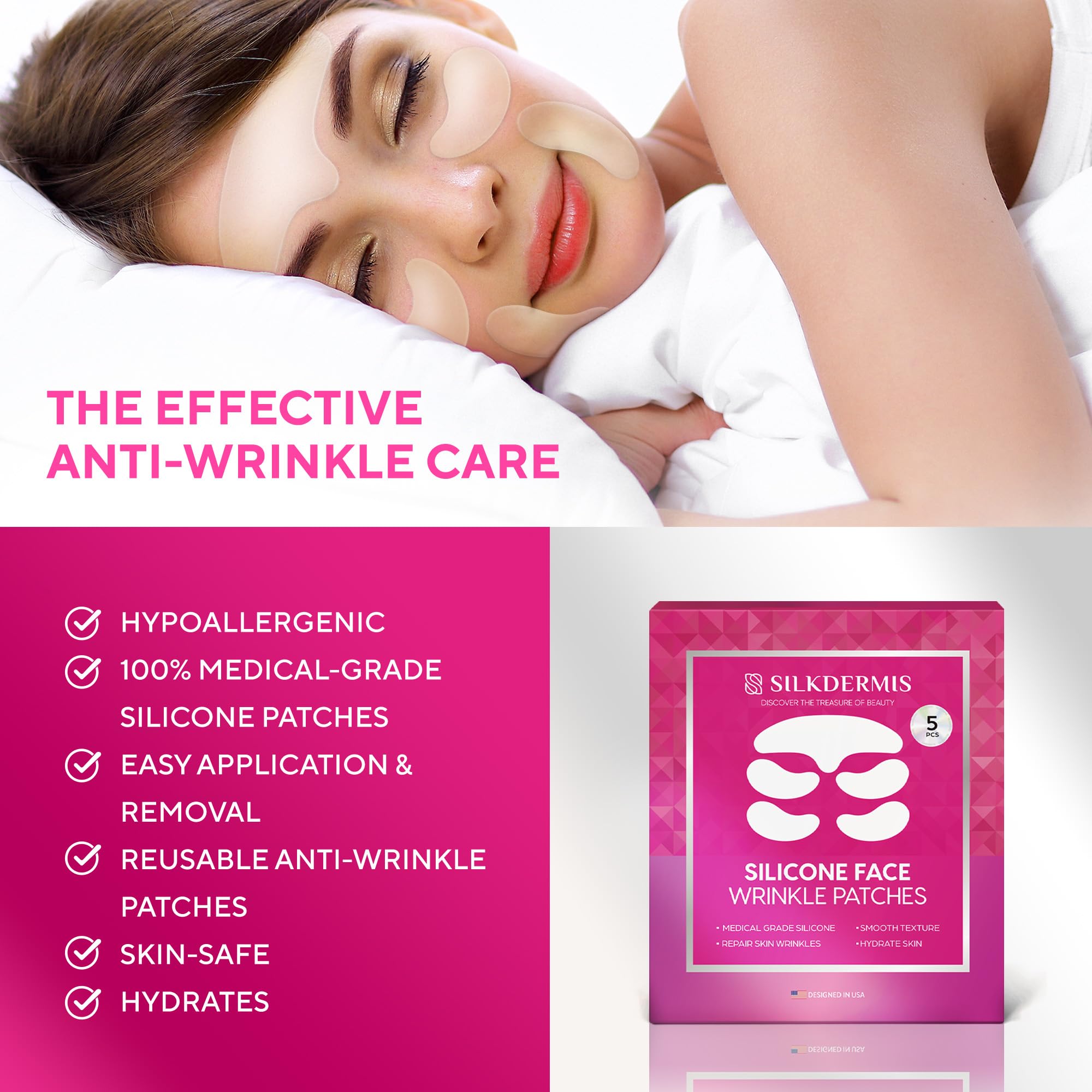 SILKDERMIS silicone under-eye wrinkle patch application promotes gentle hydration and refreshed eyes.