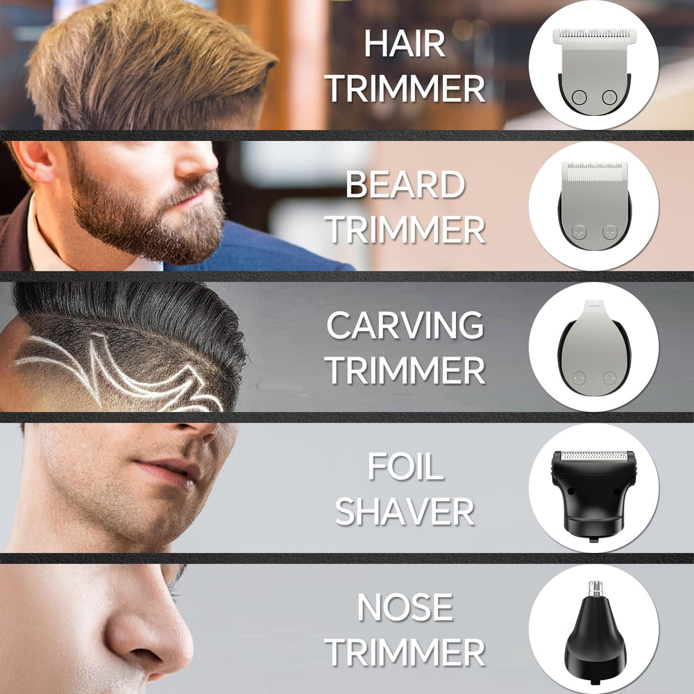 SilkGlow beard trimmer detachable heads highlighting attachments for beard and body.