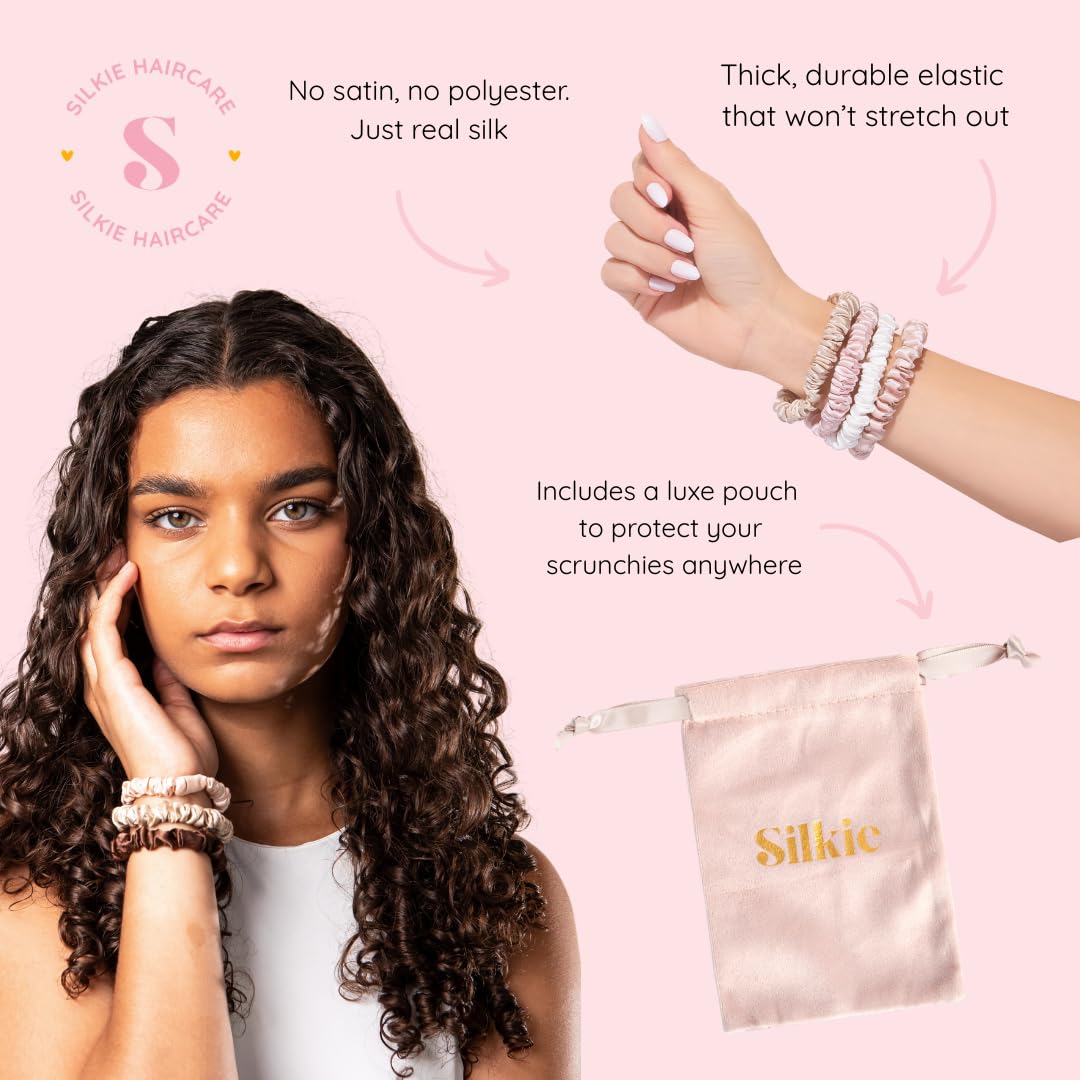 Silkie chocolate four-tone scrunchies laid out for versatile styling options.