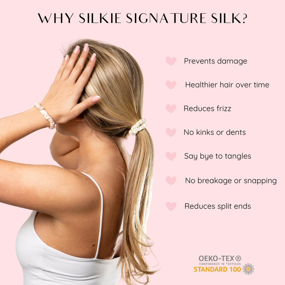 Silkie chocolate silk scrunchies in hair demonstrate a graceful, no-damage hold.