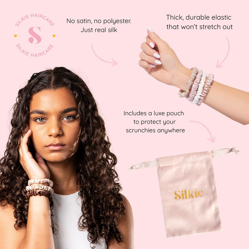 Silkie skinny scrunchies on a ponytail showing sleek, snag-free hold.
