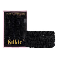 Silkie x4 set noir skinny scrunchies arranged for snag-free styling.