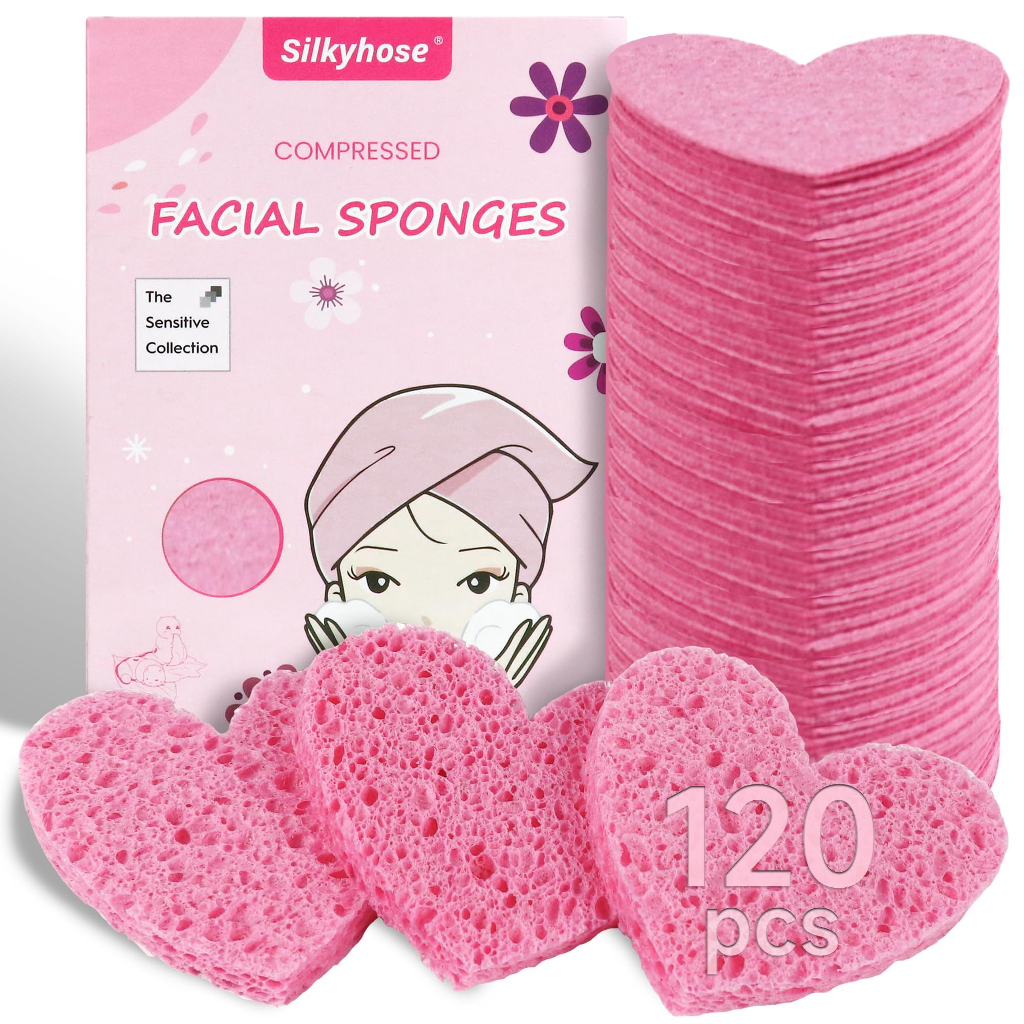 Silkyhose pink heart-shaped sponges pack for daily cleansing and gentle exfoliation.