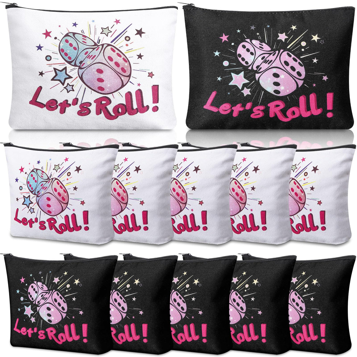 SilTriangle bunco makeup bags front view with Let's Roll design for game night