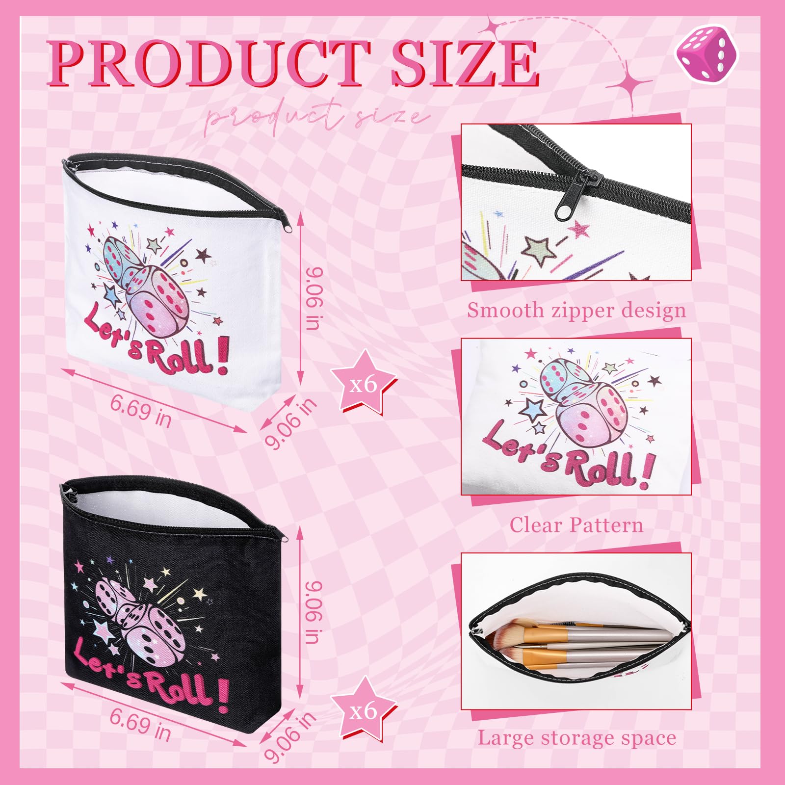 SilTriangle bunco makeup bags multipack showing 6 white and 6 black pouches for group games