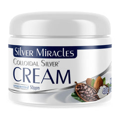 Silver Miracles colloidal silver cream 4oz bottle provides fragrance-free hydration for sensitive skin.