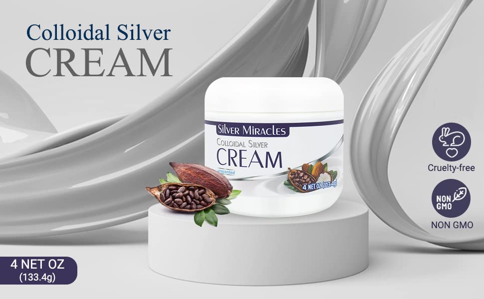 Silver Miracles colloidal silver cream ingredients-visual highlights pure silver and natural components.