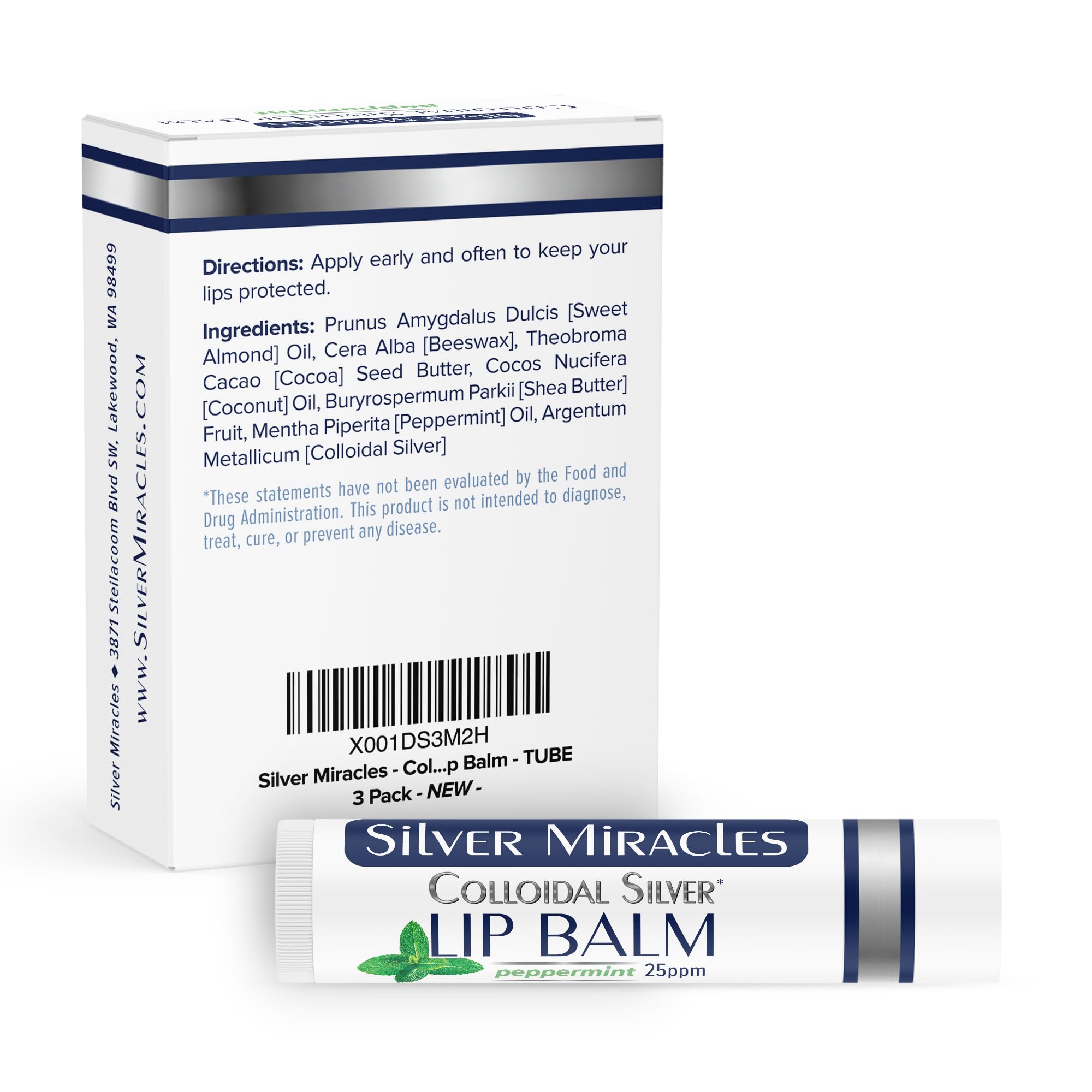 Silver Miracles lip balm tube packaging for purse-side hydration.