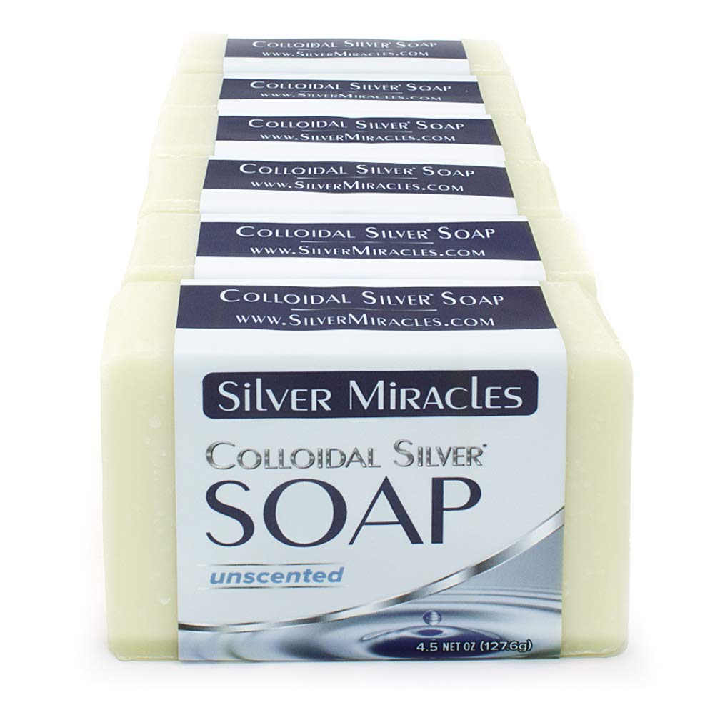Silver Miracles colloidal silver soap 6-pack front view with rich lather for body and face