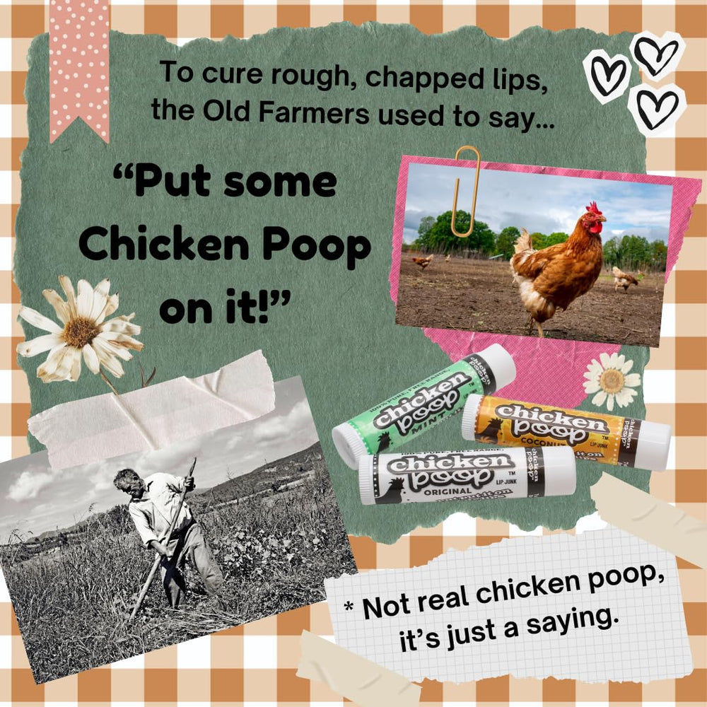 Simone Chickenbone Chicken Poop Original Lip Junk beeswax base shown with moisturizing oils.