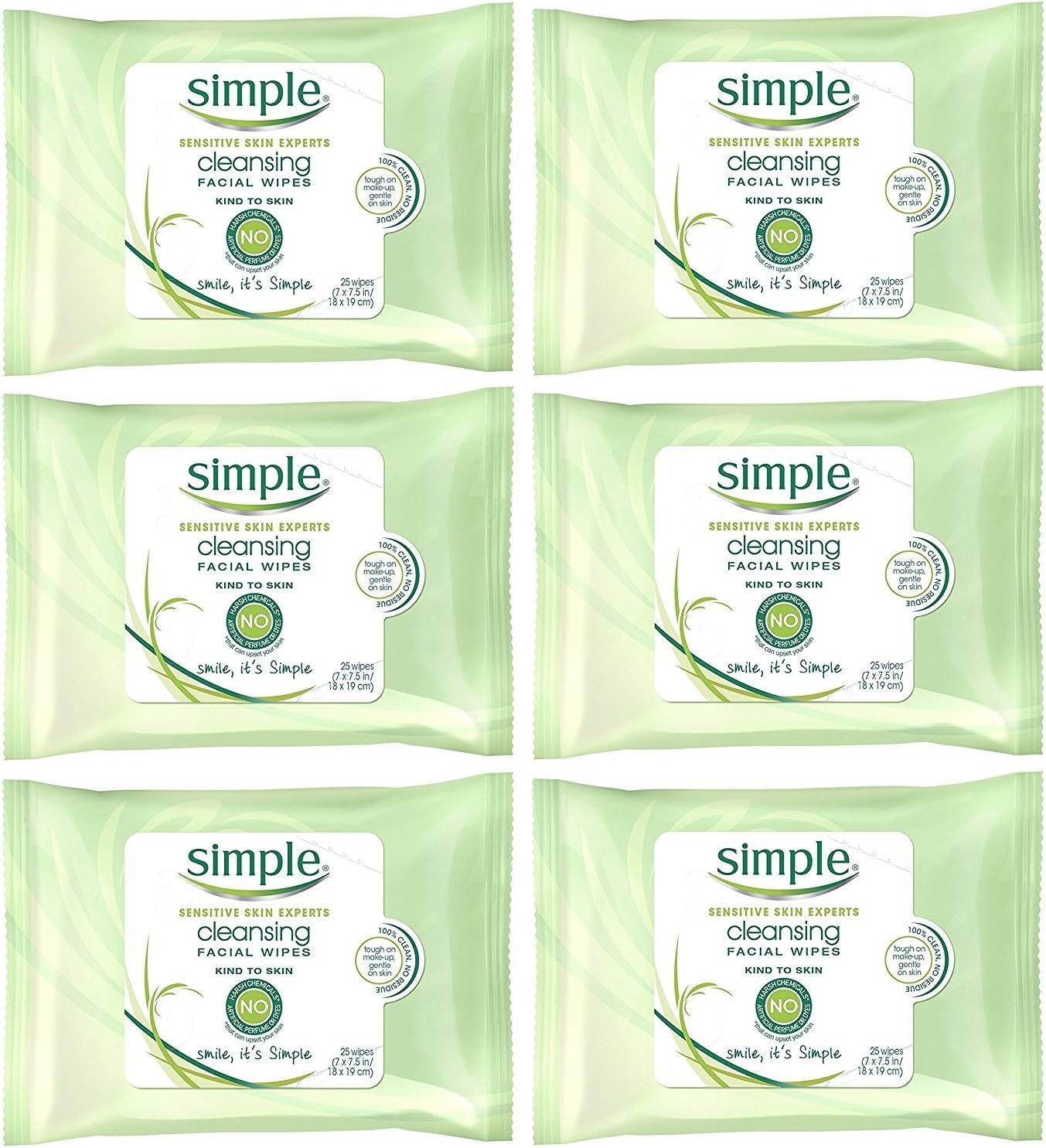 Simple cleansing facial wipes six-pack on display for quick daily cleansing.