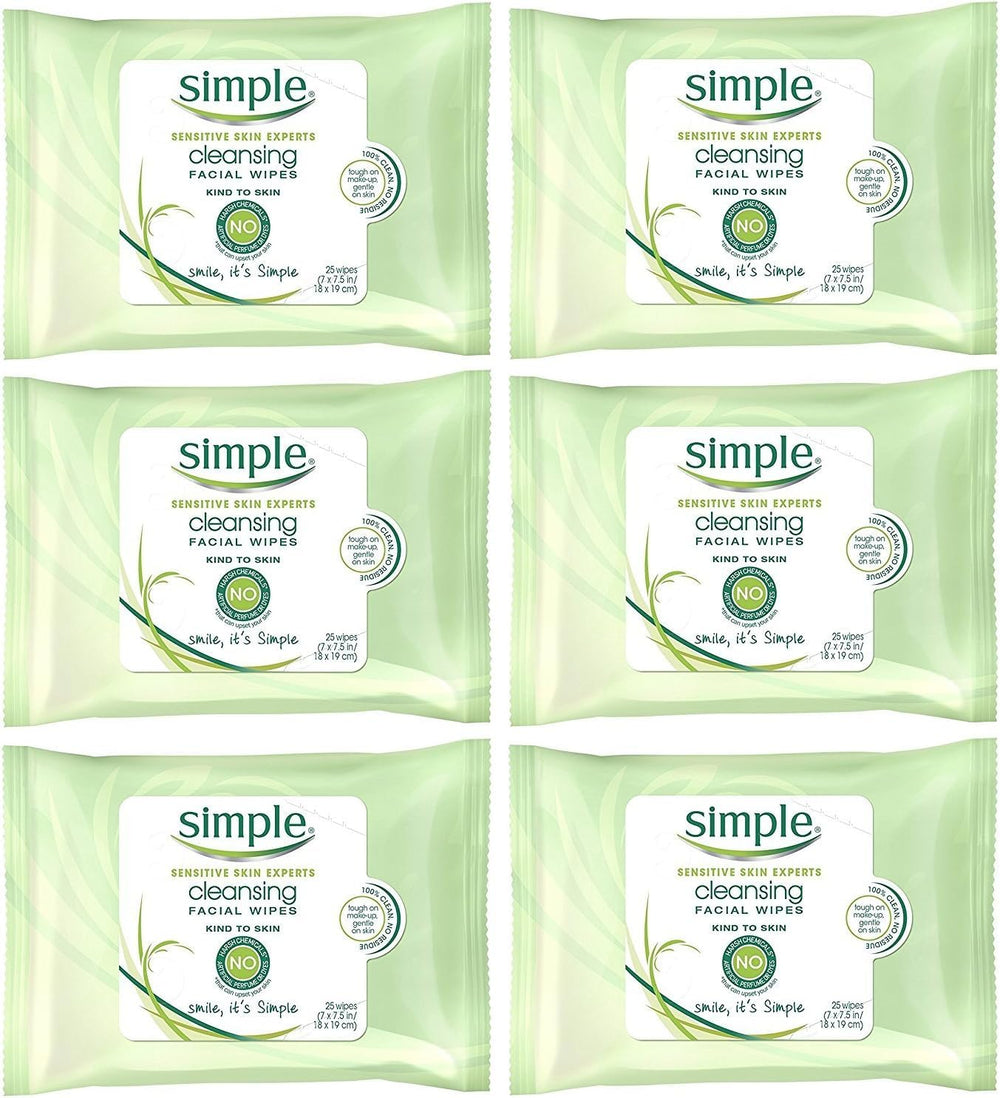 Simple cleansing facial wipes six-pack on display for quick daily cleansing.
