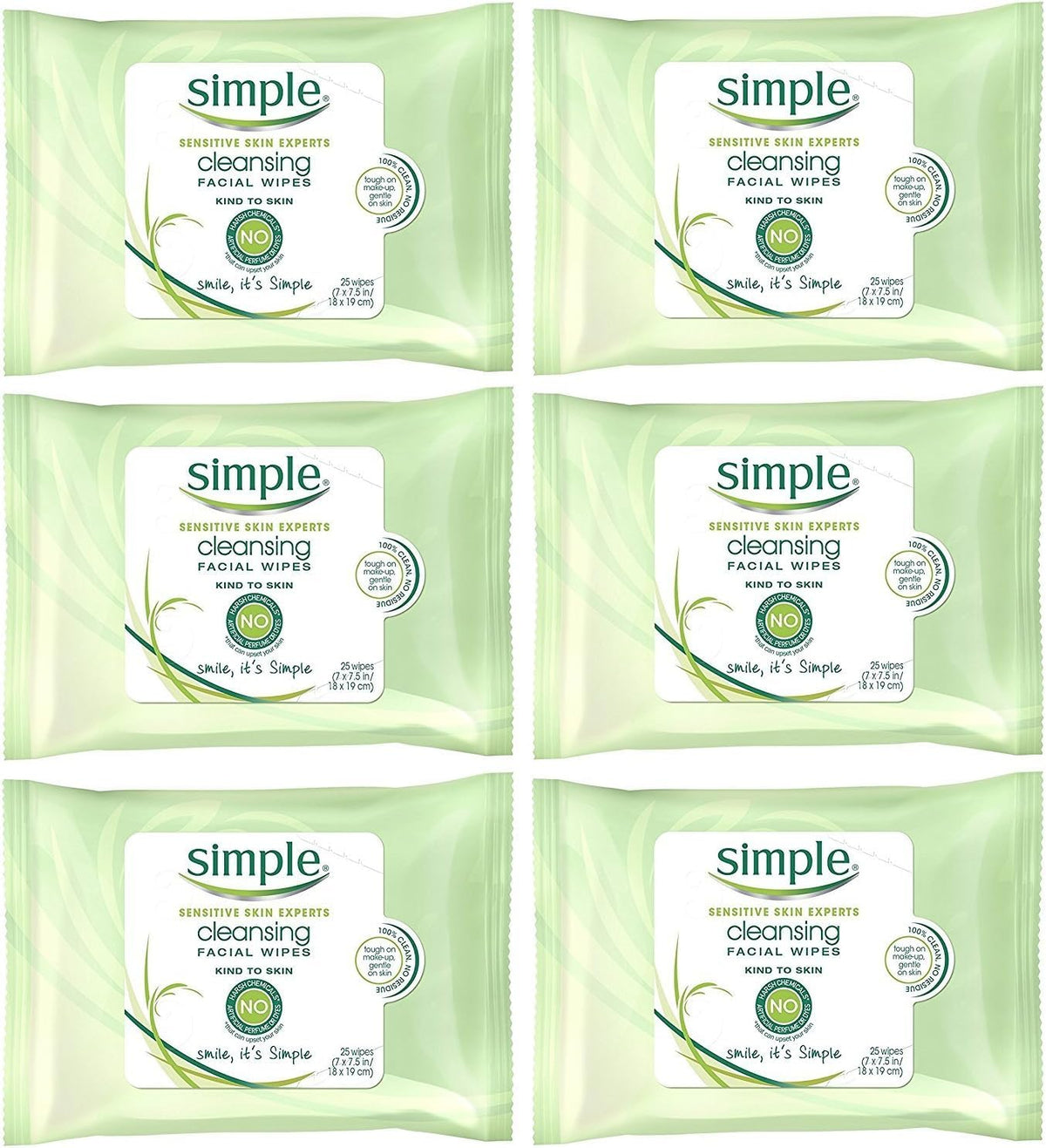 Simple cleansing facial wipes six-pack on display for quick daily cleansing.