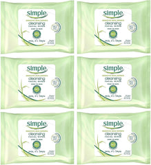 Simple cleansing facial wipes six-pack on display for quick daily cleansing.